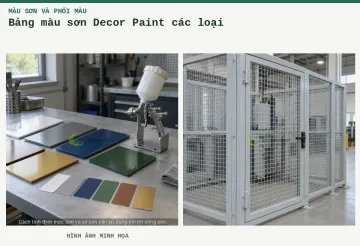 Bảng màu sơn Decor Paint các loại – Hình ảnh minh họa: Mẫu màu và dụng cụ phun sơn; Khung và lưới bảo vệ máy bằng thép hoàn thiện lớp sơn màu xám.