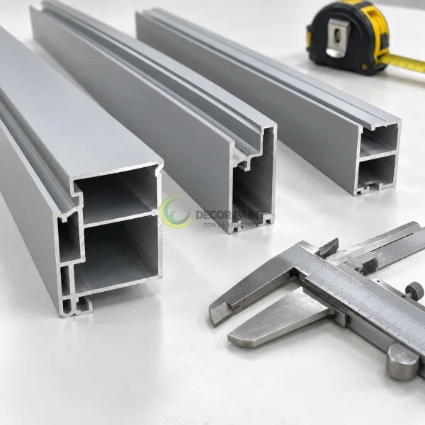 Các thanh nhôm định hình màu xám nhạt, mặt cắt rỗng và dụng cụ đo trên bàn
