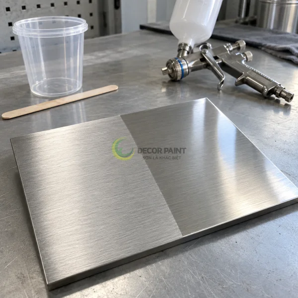 Minh họa mẫu inox xước trước và sau khi phủ trong, cùng dụng cụ chuẩn bị sơn