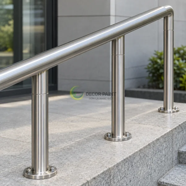Minh họa tay vịn và chân trụ inox với bề mặt xước bạc hoàn thiện