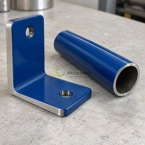 Minh họa giá đỡ và ống inox phủ màu xanh, với mép kim loại để đối chiếu