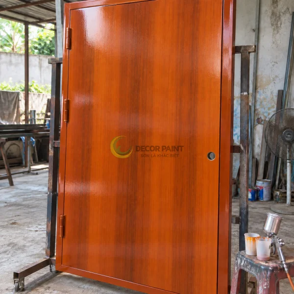 Cửa thép tấm một cánh sơn giả gỗ cánh gián cùng dụng cụ chuẩn bị sơn.