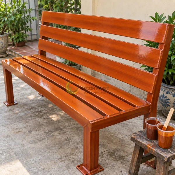 Ghế thép hàn hoàn thiện vân gỗ cánh gián cùng các cốc chuẩn bị màu.