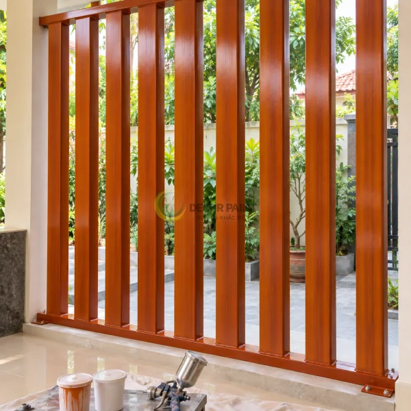 Vách lam thép đứng sơn giả gỗ cánh gián và khu vực chuẩn bị dụng cụ.