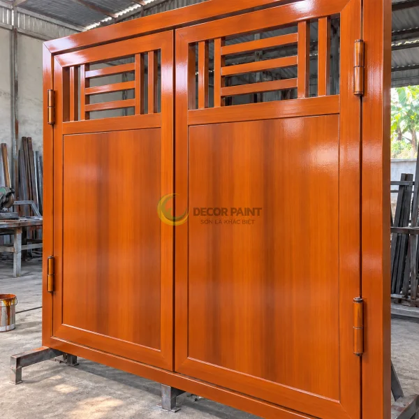 Bộ cửa thép hai cánh với lớp sơn giả gỗ màu cánh gián tại xưởng.
