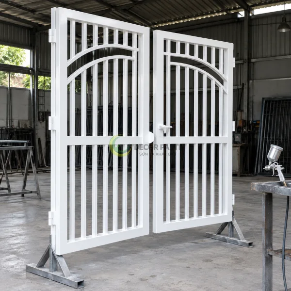 Hai cánh cửa sắt hoàn thiện màu trắng trên giá đỡ tại xưởng.