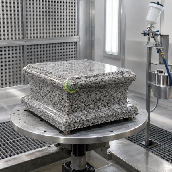 Bệ granite xám trên bàn xoay trong khu vực phun hoàn thiện.