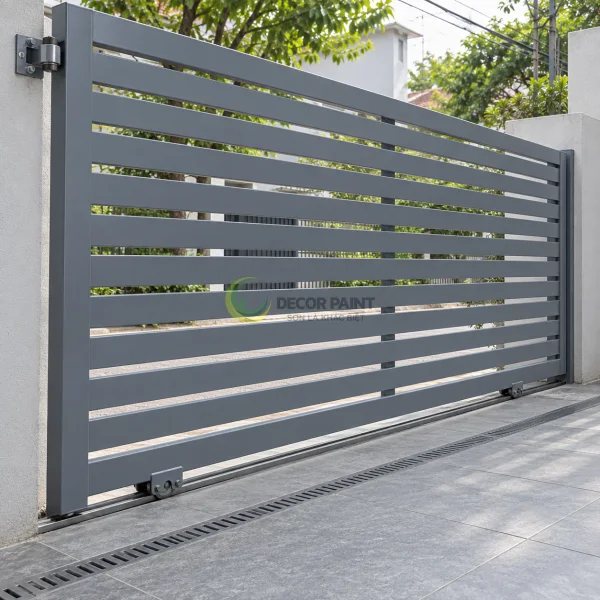 Cổng sắt thanh ngang sơn màu ghi, có bánh xe chạy trên ray trượt.