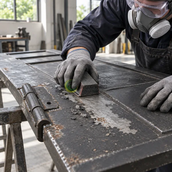Chà bỏ lớp sơn bong và xử lý bề mặt cửa thép cũ trước khi sơn lại.