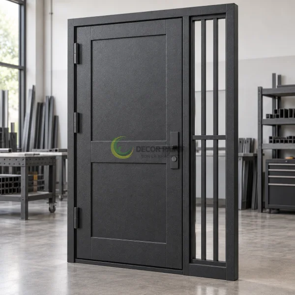 Bộ cửa thép màu đen nhám gồm cánh cửa, khung bao và ô nan bên hông để xác định phần cần sơn.