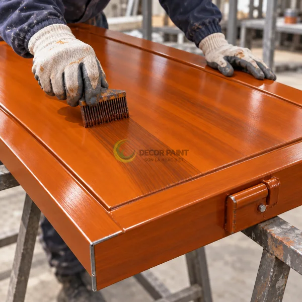 Thao tác kéo vân nâu đậm trên nền cánh gián của cánh cửa thép, giữ đường vân liên tục theo chiều tấm cửa.