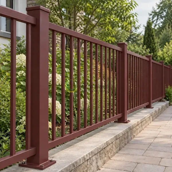 Hàng rào kim loại màu đỏ gạch chạy dọc lối đi, có chân trụ bắt vào bệ thấp.