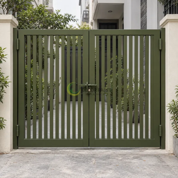 Cổng thép hai cánh nan đứng hoàn thiện màu xanh rêu mờ cho lối vào nhà phố.