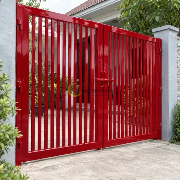 Cổng sắt hai cánh nan đứng hoàn thiện màu đỏ tươi bóng.