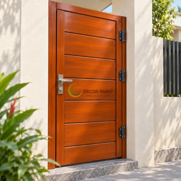 Cửa sắt một cánh sơn màu gỗ cánh gián, kết hợp vân nâu đậm trên các tấm thép và khung cửa.