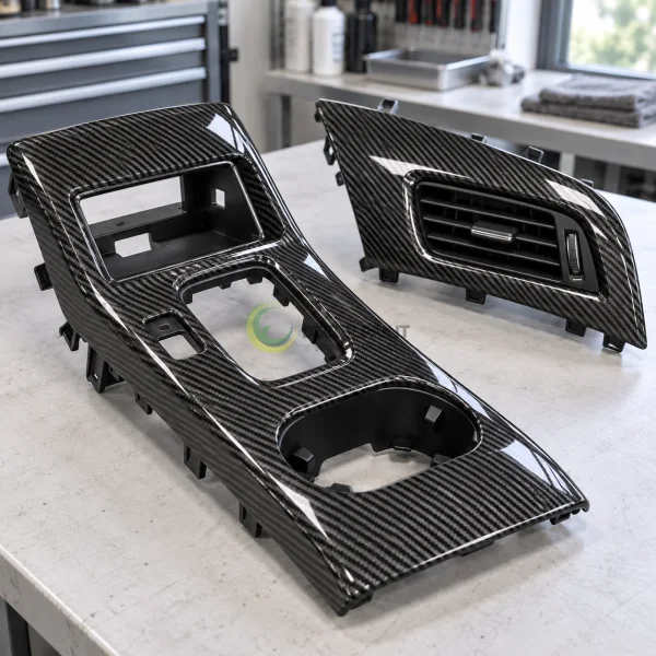 Chi tiết ốp nội thất ô tô hoàn thiện họa tiết carbon đen xám và lớp phủ bóng.