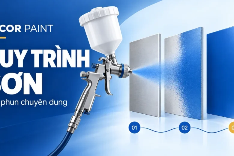 Minh họa quy trình sơn phun Decor Paint với súng phun và các bề mặt trước, trong, sau khi sơn.
