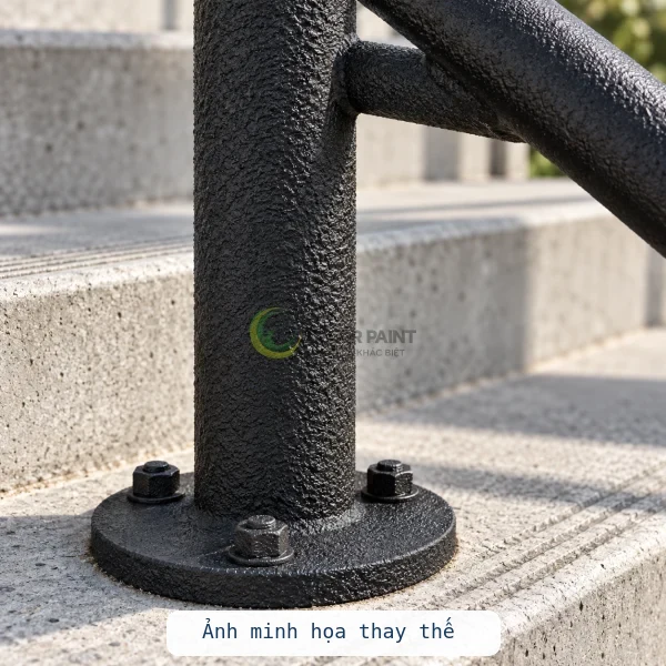 Ảnh minh họa thay thế: bề mặt sơn nhám sần đen trên trụ và lan can kim loại.