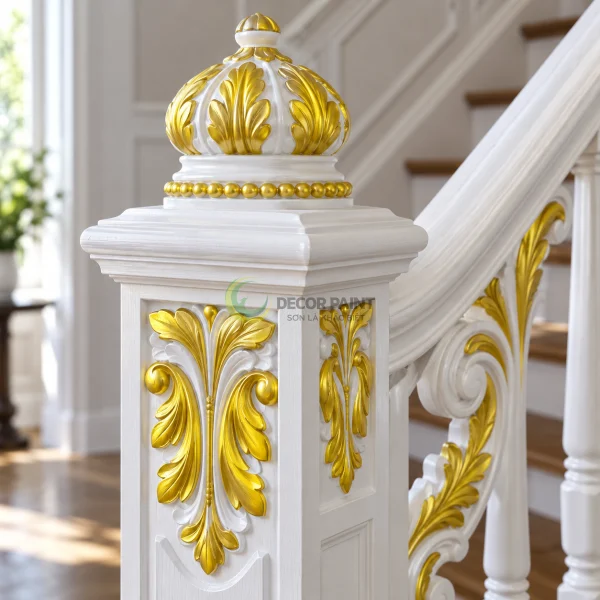 18.0 Kg – Sơn nhũ vàng 24K Gold ánh kim A12 trên gỗ, tượng, phào chỉ — Trụ cầu thang gỗ
