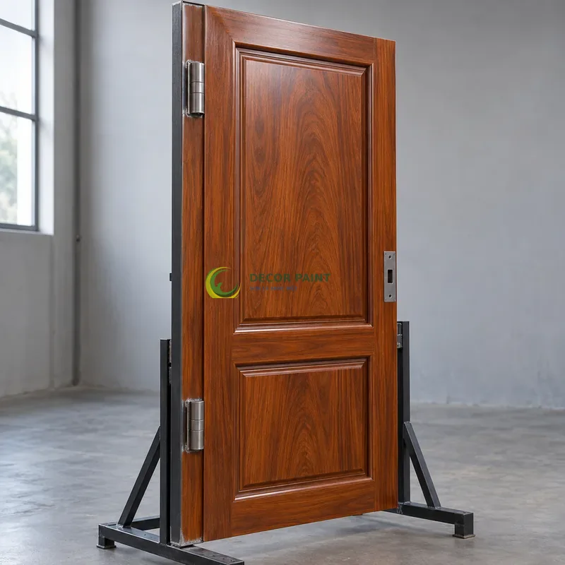 Cửa thép pano một cánh trên giá xưởng, sơn giả vân gỗ màu cánh gián, thấy rõ cạnh thép và bản lề.