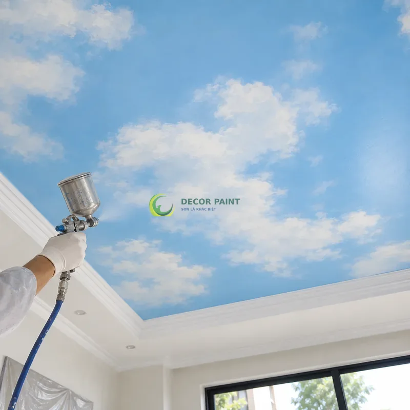 Minh hoạ kỹ thuật sơn vân mây bằng dụng cụ phun sơn bằng sản phẩm sơn Decor Paint