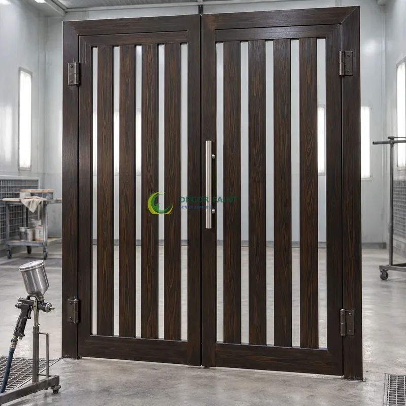 Cửa sắt thép 2 cánh sơn giả gỗ đen đậm, khung phẳng với nan dọc hẹp, cùng súng phun đặt trên giá trong khu hoàn thiện, góc thấp vừa, thấy trọn chủ thể.