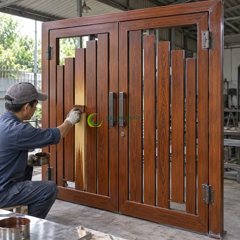 Cửa sắt thép 2 cánh sơn giả gỗ cánh gián, các ô sắt dọc có cao độ thay đổi, minh hoạ thao tác tạo vân trên lớp lót, góc ba phần tư từ bên trái.