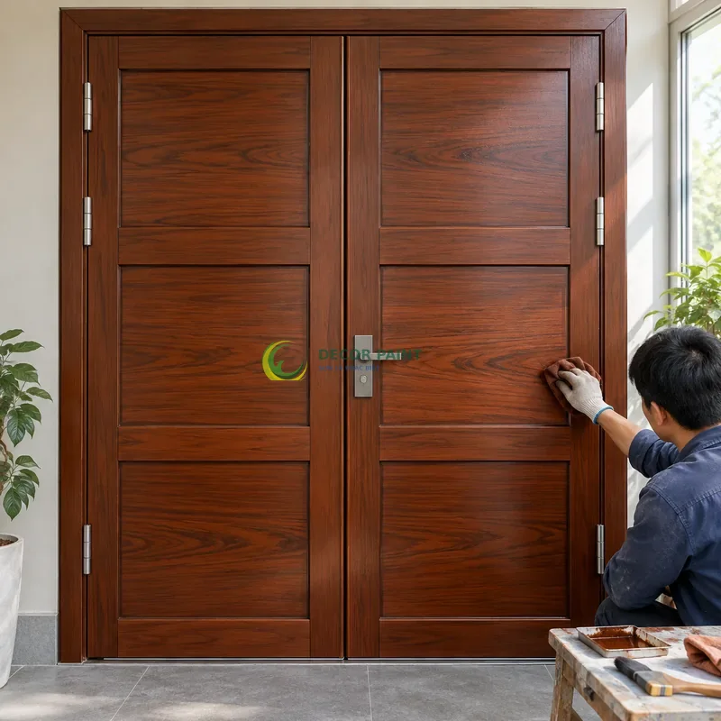 Cửa sắt hộp mạ kẽm 2 cánh sơn giả gỗ cánh gián, ba ô ngang rộng trong khung sắt, minh hoạ thao tác tạo vân trên lớp lót, góc gần chính diện, thấy rõ kết cấu.