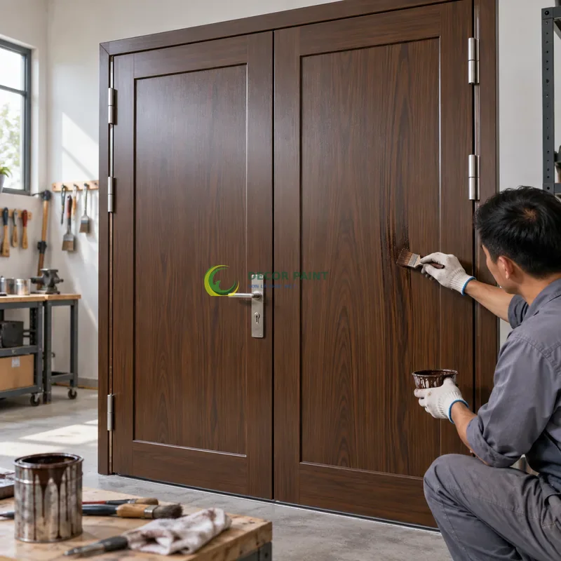 Cửa sắt hộp mạ kẽm 2 cánh sơn giả gỗ óc chó sẫm, panô phẳng và hai dải dọc hai bên, minh hoạ thao tác tạo vân trên lớp lót, góc ba phần tư từ bên phải.