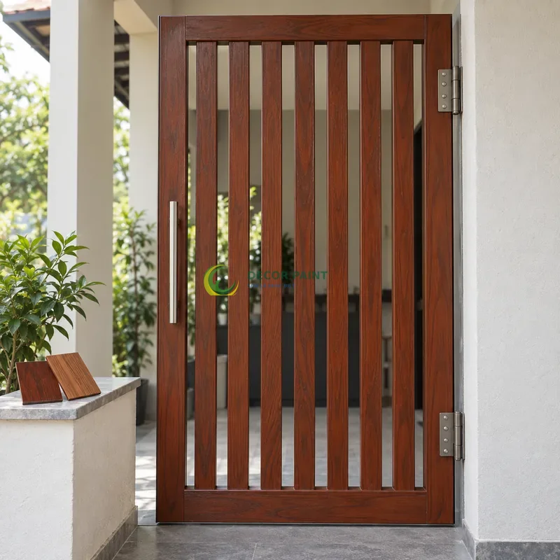 Cửa sắt thép 1 cánh sơn giả gỗ cánh gián, khung phẳng với nan dọc hẹp, với mẫu màu để tham khảo lựa chọn, góc chính diện cân đối.