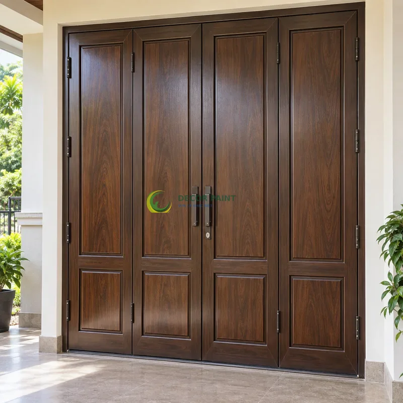 Cửa sắt thép 4 cánh sơn giả gỗ óc chó sẫm, panô dài phía trên và ô thấp phía dưới, hiên nhà sáng có cây xanh phía xa, góc chính diện cân đối.