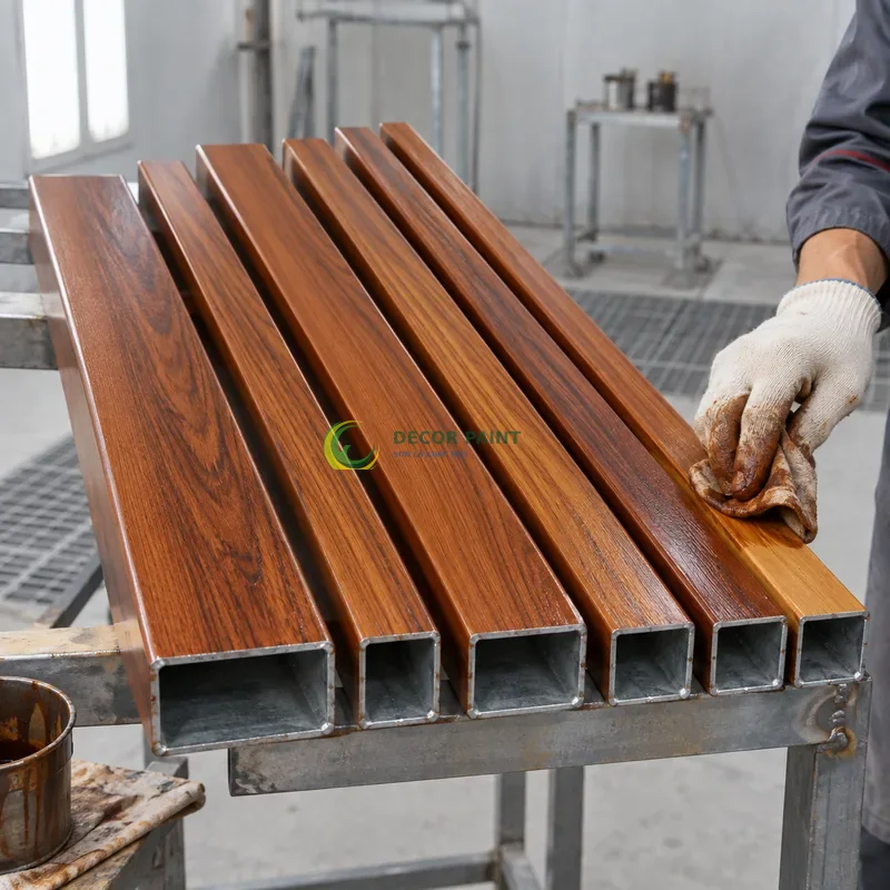 Mẫu sắt hộp mạ kẽm sơn giả gỗ cánh gián, sáu thanh mẫu rộng hẹp trên cùng giá, minh hoạ thao tác tạo vân trên lớp lót, góc cận nhấn cạnh đầu vật mẫu.