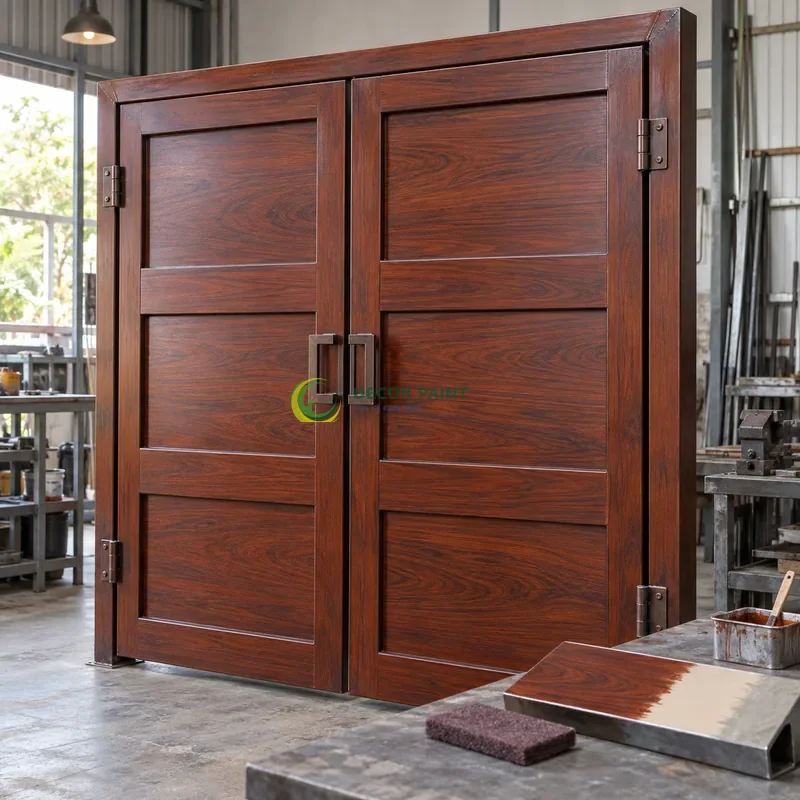 Cửa sắt thép 2 cánh sơn giả gỗ cánh gián, ba ô ngang rộng trong khung sắt, minh hoạ chuẩn bị bề mặt và lớp sơn hoàn thiện, góc ba phần tư từ bên trái.