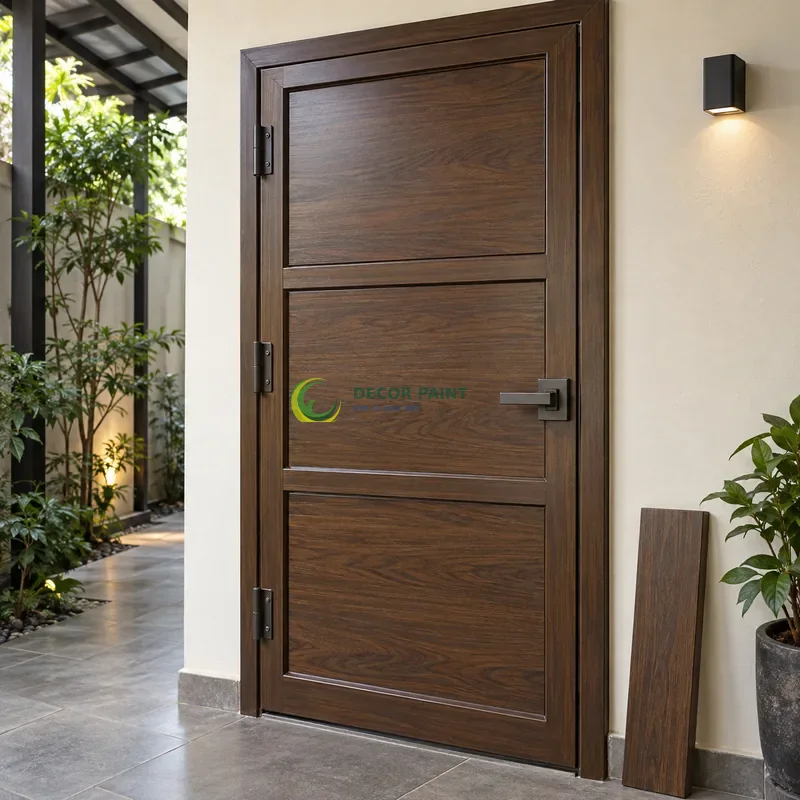 Cửa sắt thép 1 cánh sơn giả gỗ óc chó sẫm, ba ô ngang rộng trong khung sắt, với mẫu màu để tham khảo lựa chọn, góc nghiêng nhẹ, rõ cạnh phía trước.