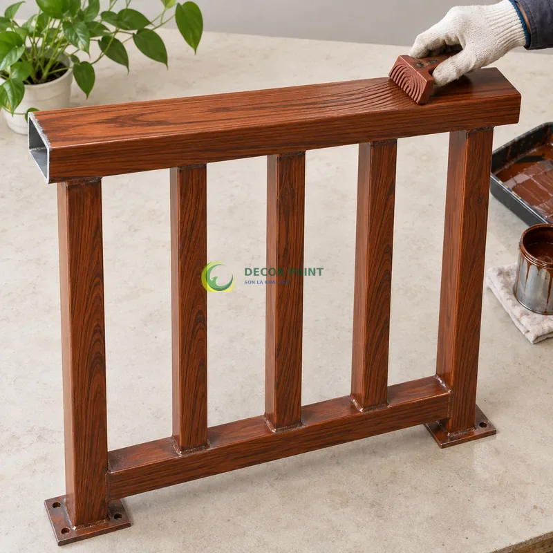 Mẫu sắt hộp mạ kẽm sơn giả gỗ cánh gián, môđun lan can có tay vịn và năm thanh đứng, minh hoạ thao tác tạo vân trên lớp lót, góc gần từ trên xuống của bàn thao tác.