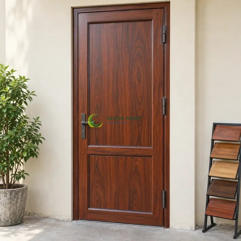 Cửa sắt thép 1 cánh sơn giả gỗ cánh gián, panô dài phía trên và ô thấp phía dưới, với mẫu màu để tham khảo lựa chọn, góc chính diện cân đối.