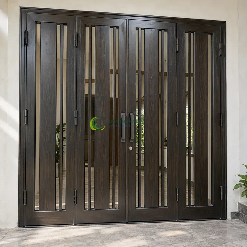 Cửa sắt thép 4 cánh sơn giả gỗ đen đậm, nan dọc rộng hẹp xen kẽ, góc thi công nhà ở gọn gàng, góc thấp vừa, thấy trọn chủ thể.