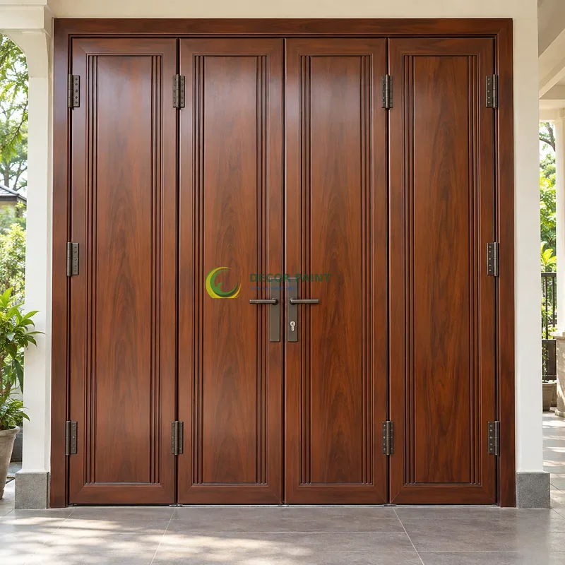Cửa sắt thép 4 cánh sơn giả gỗ cánh gián, tấm giữa rộng và gân dọc mảnh, hiên nhà sáng có cây xanh phía xa, góc gần chính diện, thấy rõ kết cấu.