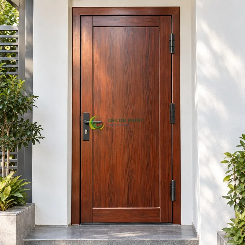 Cửa sắt thép 1 cánh sơn giả gỗ cánh gián, panô phẳng và hai dải dọc hai bên, lối vào có bậc thấp và tường bên màu trắng, góc chính diện cân đối.