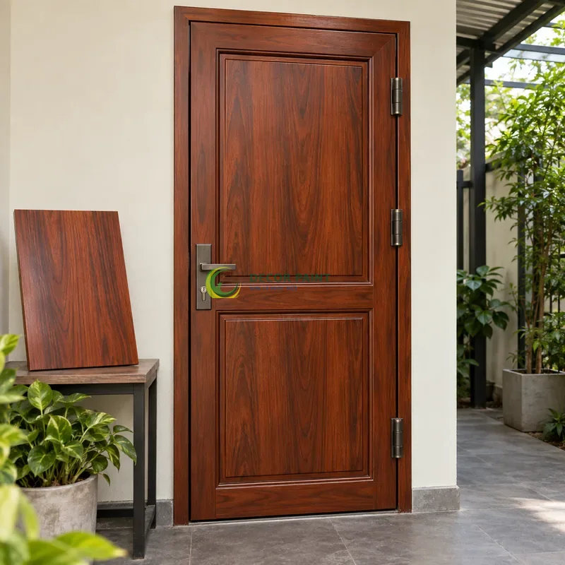 Cửa sắt thép 1 cánh sơn giả gỗ cánh gián, hai panô chữ nhật trên mỗi cánh, với mẫu màu để tham khảo lựa chọn, góc thấp vừa, thấy trọn chủ thể.