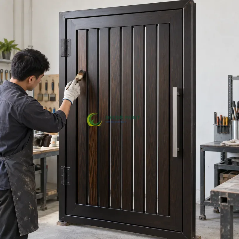Cửa sắt thép 1 cánh sơn giả gỗ đen đậm, khung phẳng với nan dọc hẹp, minh hoạ thao tác tạo vân trên lớp lót, góc ba phần tư từ bên trái.