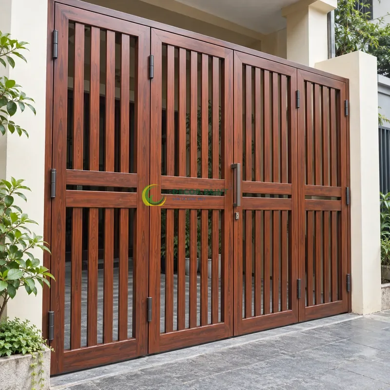Cửa sắt thép 4 cánh sơn giả gỗ cánh gián, nan dọc có thanh ngang tạo điểm nhấn, lối vào nhà phố có tường sáng, góc ba phần tư từ bên trái.