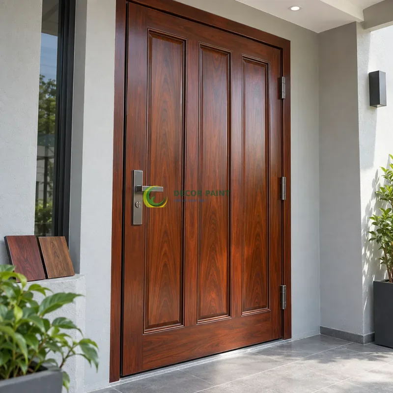 Cửa sắt thép 1 cánh sơn giả gỗ cánh gián, ba panô đứng và thanh chân hẹp, với mẫu màu để tham khảo lựa chọn, góc ba phần tư từ bên phải.