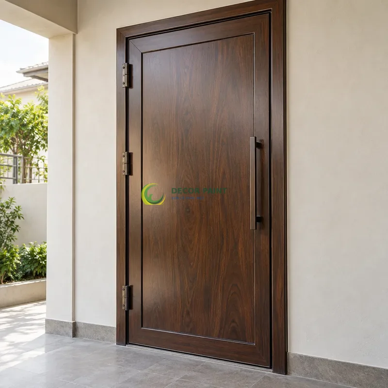Cửa sắt thép 1 cánh sơn giả gỗ óc chó sẫm, panô lớn với viền khung sâu, góc thi công nhà ở gọn gàng, góc nghiêng nhẹ, rõ cạnh phía trước.