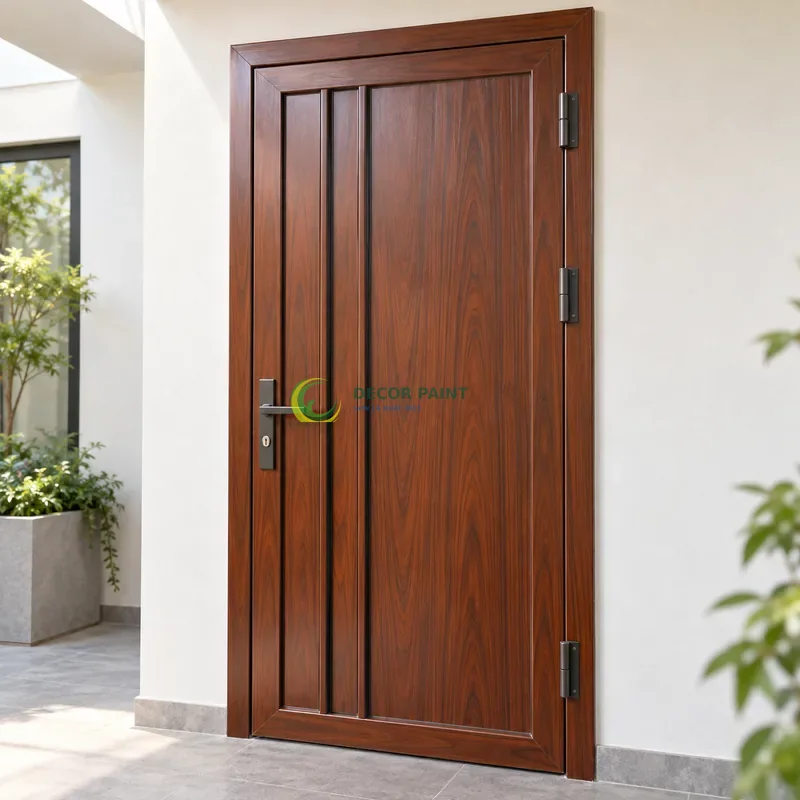 Cửa sắt thép 1 cánh sơn giả gỗ cánh gián, cặp gân dọc mảnh trên nền panô phẳng, không gian trưng bày mẫu tường trắng, góc chếch từ trên xuống.
