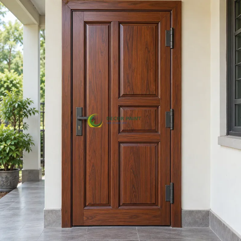 Cửa sắt thép 1 cánh sơn giả gỗ cánh gián, panô chữ nhật có tỷ lệ rộng hẹp khác nhau, hiên nhà sáng có cây xanh phía xa, góc chính diện cân đối.