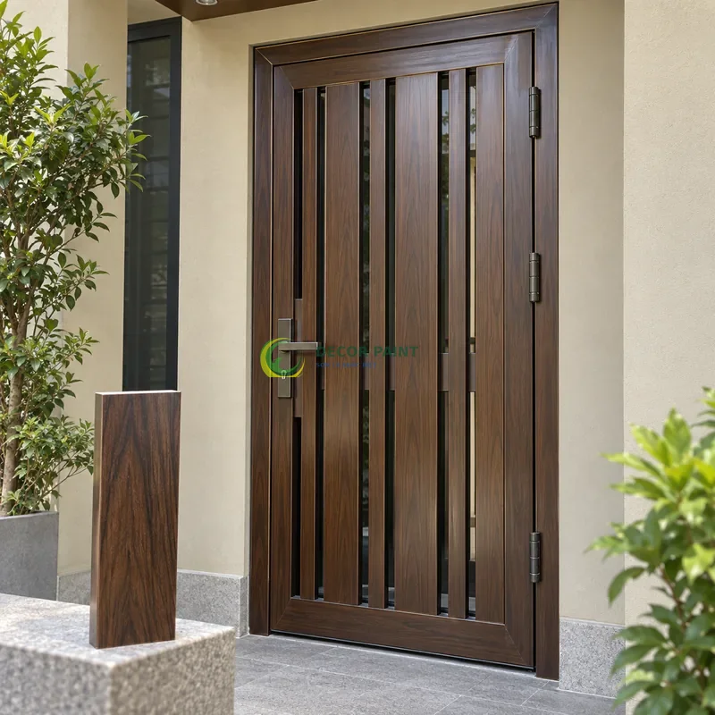 Cửa sắt thép 1 cánh sơn giả gỗ óc chó sẫm, nan dọc rộng hẹp xen kẽ, với mẫu màu để tham khảo lựa chọn, góc chéo vừa, làm rõ mối ghép.