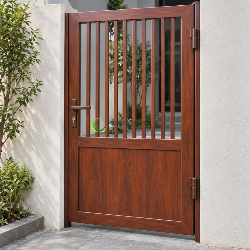Cửa sắt thép 1 cánh sơn giả gỗ cánh gián, panô kín phía dưới và nan thoáng phía trên, khoảng sân hiện đại nền xám, góc thấp vừa, thấy trọn chủ thể.