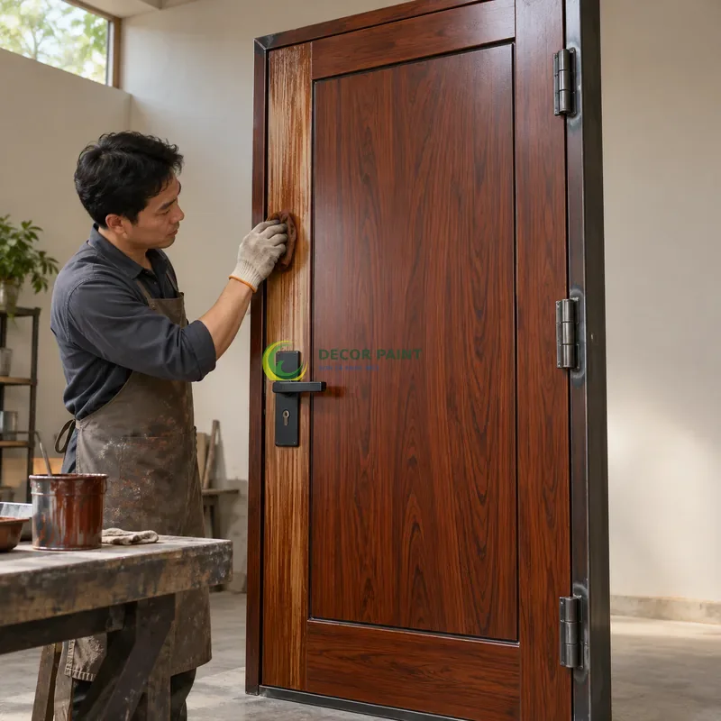 Cửa sắt thép 1 cánh sơn giả gỗ cánh gián, panô phẳng và hai dải dọc hai bên, minh hoạ thao tác tạo vân trên lớp lót, góc ba phần tư từ bên phải.