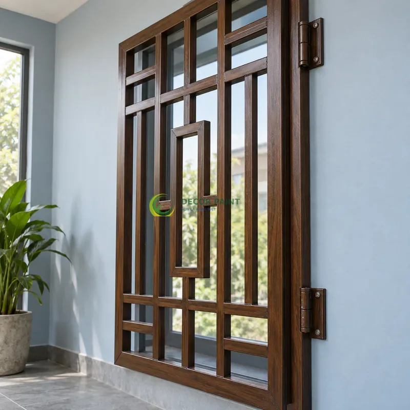 Song cửa sổ sắt dáng đứng sơn giả gỗ óc chó sẫm, góc trưng bày có tường xanh xám nhạt, góc ba phần tư từ bên phải.